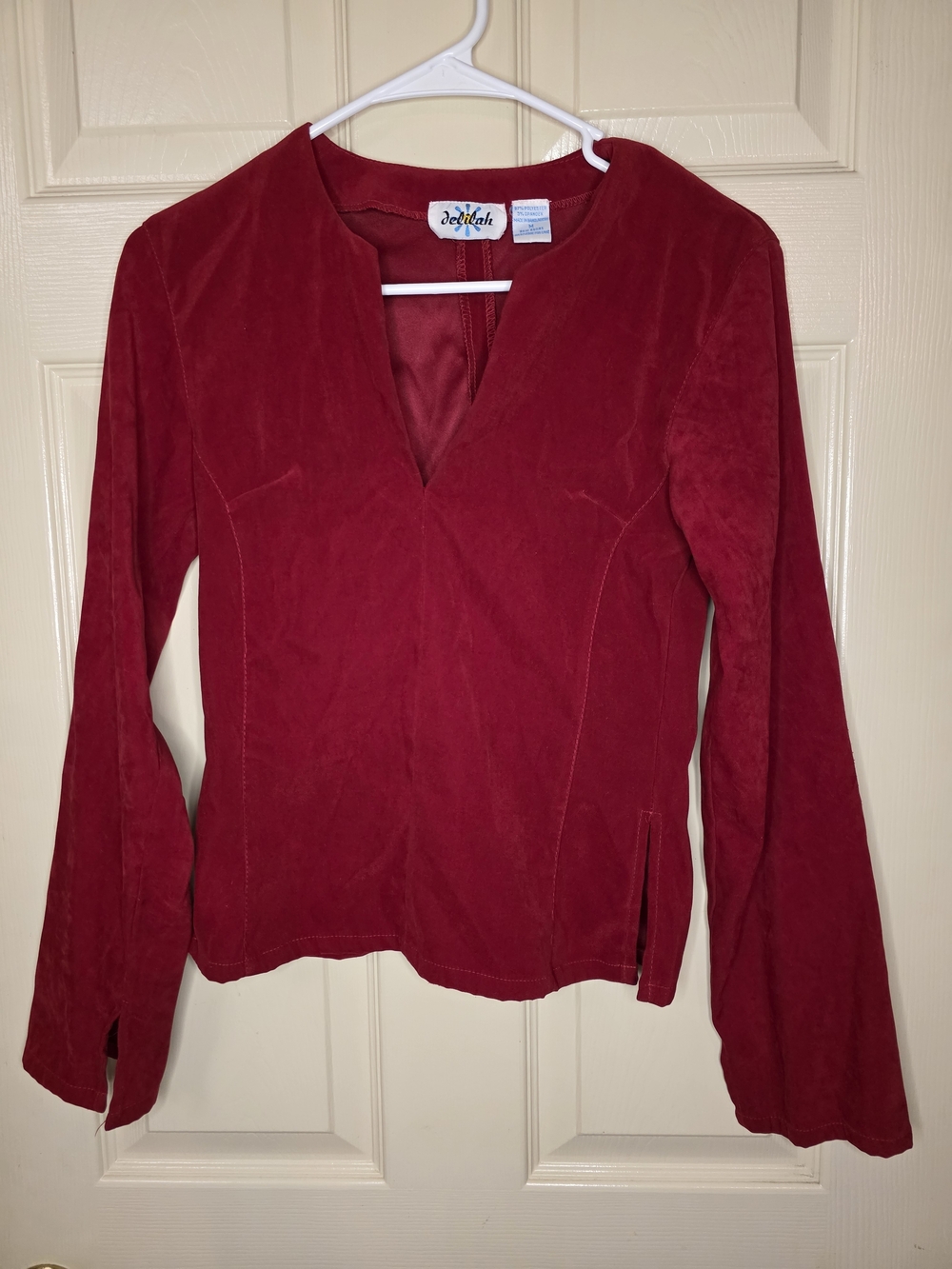 Delilah Red Faux Suede V-Neck Top Medium Flared Bell Sleeve Retro 90s Aesthetic